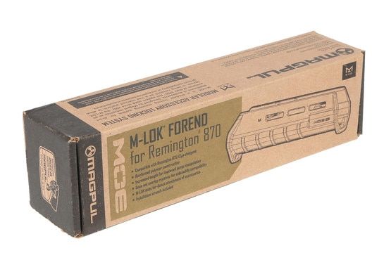 The Remington 870 Magpul M-LOK forend bright orange does not overlap the receiver for use with side saddles